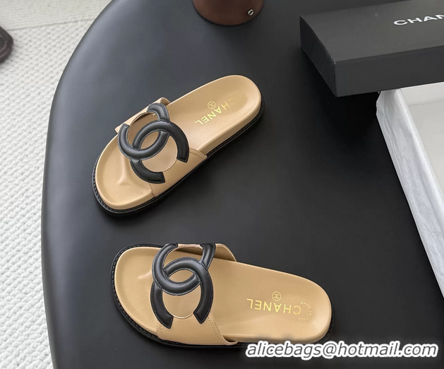 AAAAA Chanel CC Logo Beige Leather Flat Slides Sandals 6052108