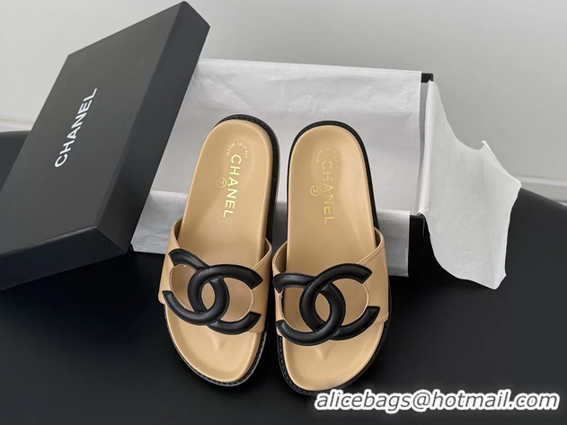 AAAAA Chanel CC Logo Beige Leather Flat Slides Sandals 6052108