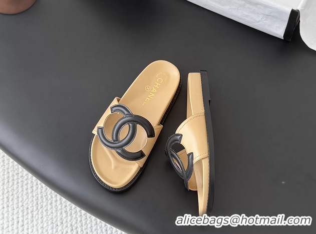 AAAAA Chanel CC Logo Beige Leather Flat Slides Sandals 6052108