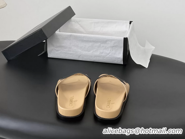AAAAA Chanel CC Logo Beige Leather Flat Slides Sandals 6052108