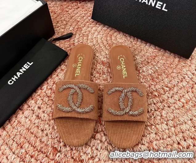 Cheaps Chanel CC Logo Flat Slides Sandals Brown 6052201