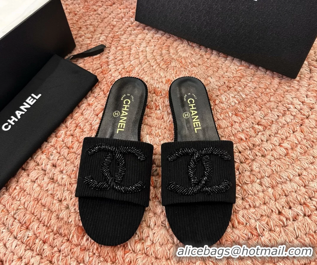 Comfortable Chanel CC Logo Flat Slides Sandals Black 6052201