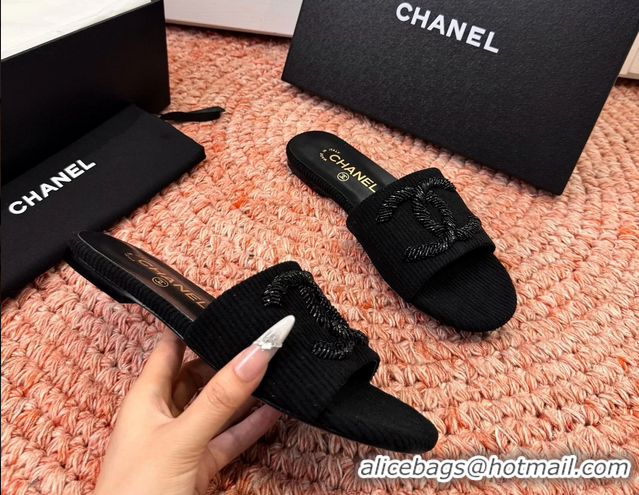 Comfortable Chanel CC Logo Flat Slides Sandals Black 6052201