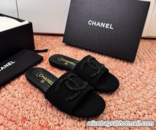 Comfortable Chanel CC Logo Flat Slides Sandals Black 6052201