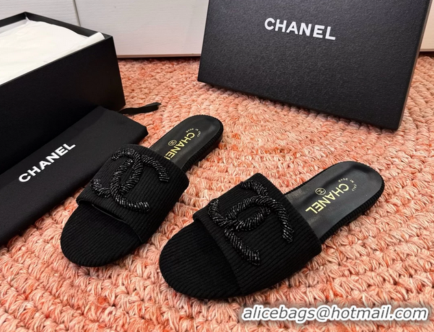 Comfortable Chanel CC Logo Flat Slides Sandals Black 6052201