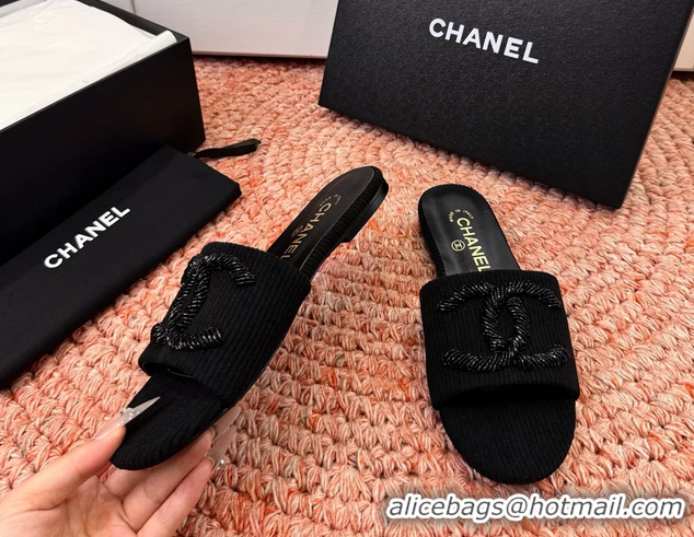 Comfortable Chanel CC Logo Flat Slides Sandals Black 6052201