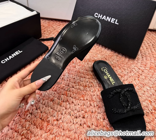 Comfortable Chanel CC Logo Flat Slides Sandals Black 6052201