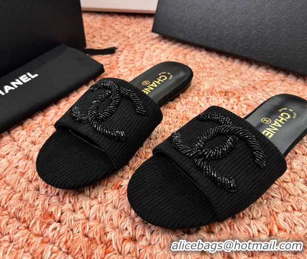 Comfortable Chanel CC Logo Flat Slides Sandals Black 6052201