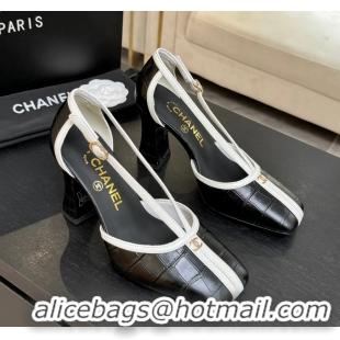Discount Chanel CC Logo Black Crocodile Embossed Leather T Strap Pumps 6052203