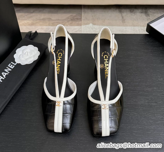 Discount Chanel CC Logo Black Crocodile Embossed Leather T Strap Pumps 6052203
