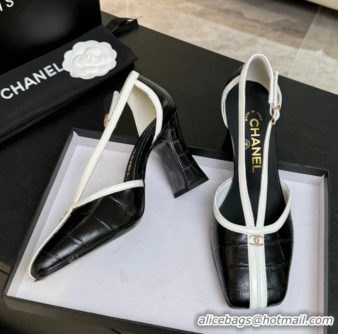 Discount Chanel CC Logo Black Crocodile Embossed Leather T Strap Pumps 6052203