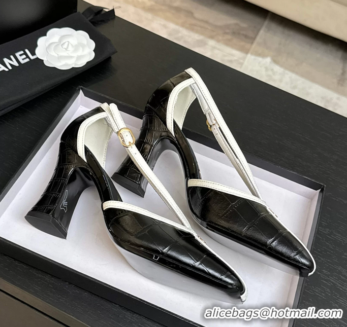 Discount Chanel CC Logo Black Crocodile Embossed Leather T Strap Pumps 6052203