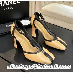 Fashion Chanel CC Logo Beige Leather T Strap Pumps 6052203