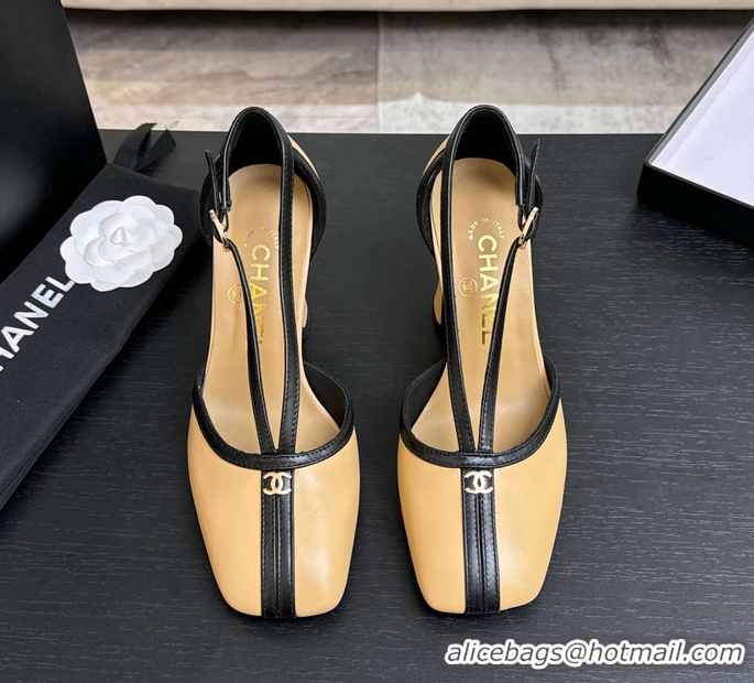 Fashion Chanel CC Logo Beige Leather T Strap Pumps 6052203