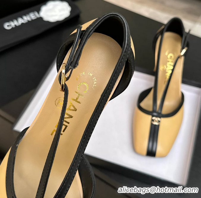 Fashion Chanel CC Logo Beige Leather T Strap Pumps 6052203