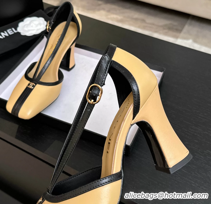 Fashion Chanel CC Logo Beige Leather T Strap Pumps 6052203