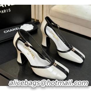 Buy New Cheap Chanel CC Logo White Crocodile Embossed Leather T Strap Pumps 6052203