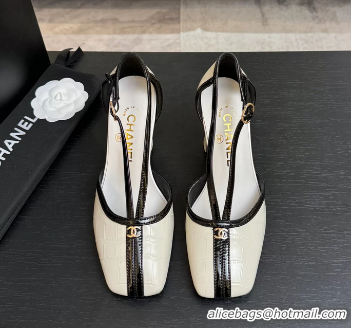 Buy New Cheap Chanel CC Logo White Crocodile Embossed Leather T Strap Pumps 6052203