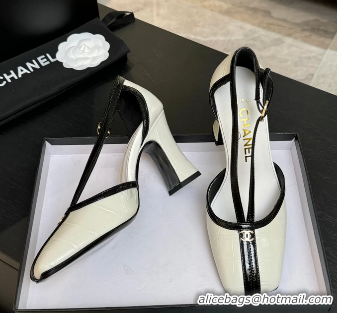 Buy New Cheap Chanel CC Logo White Crocodile Embossed Leather T Strap Pumps 6052203