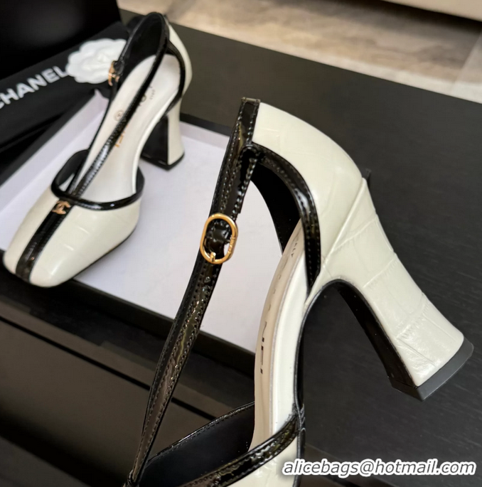 Buy New Cheap Chanel CC Logo White Crocodile Embossed Leather T Strap Pumps 6052203
