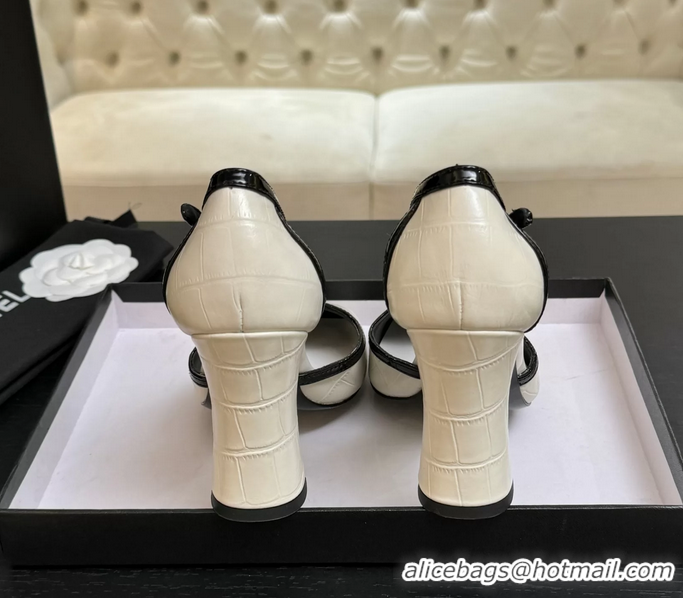 Buy New Cheap Chanel CC Logo White Crocodile Embossed Leather T Strap Pumps 6052203