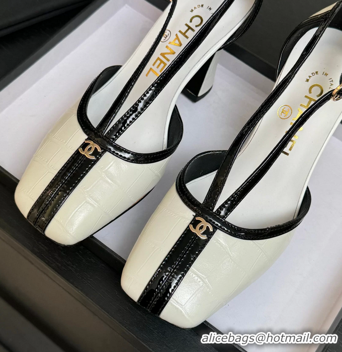 Buy New Cheap Chanel CC Logo White Crocodile Embossed Leather T Strap Pumps 6052203