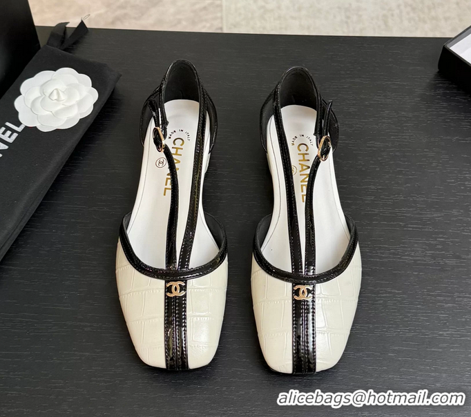 Durable Chanel CC Logo White Crocodile Embossed Leather T Strap Flat Shoes 6052204