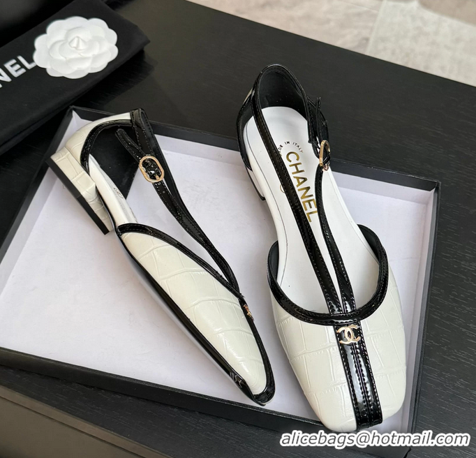 Durable Chanel CC Logo White Crocodile Embossed Leather T Strap Flat Shoes 6052204