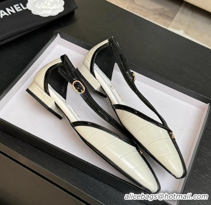 Durable Chanel CC Logo White Crocodile Embossed Leather T Strap Flat Shoes 6052204