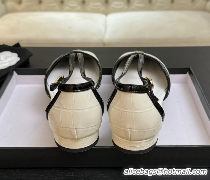 Durable Chanel CC Logo White Crocodile Embossed Leather T Strap Flat Shoes 6052204