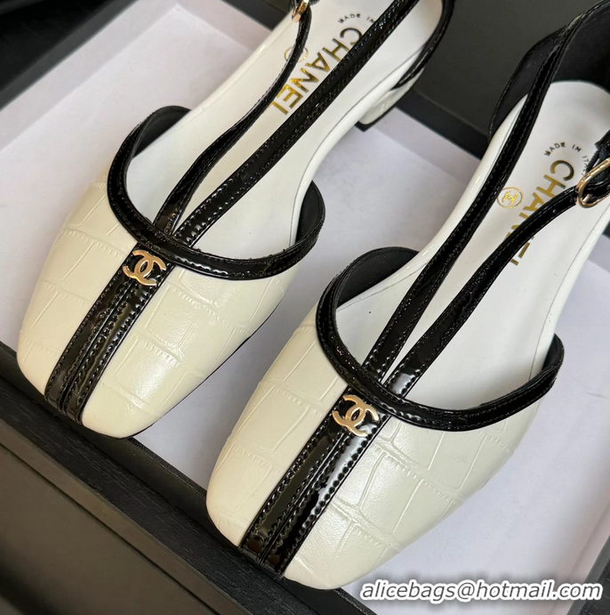 Durable Chanel CC Logo White Crocodile Embossed Leather T Strap Flat Shoes 6052204