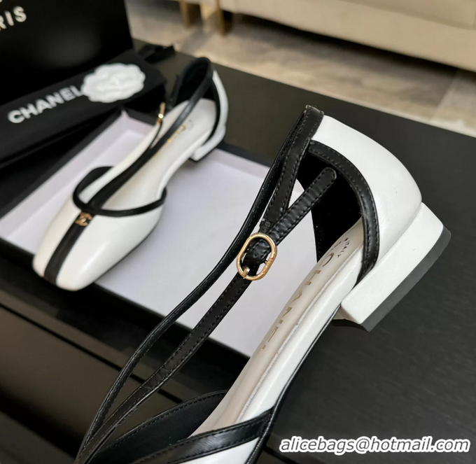 Trendy Design Chanel CC Logo White Calfskin Leather T Strap Flat Shoes 6052204