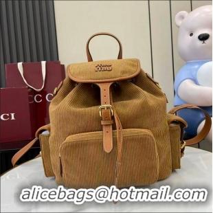 Best Grade Miu Miu Leather-trimmed Large Corduroy Cotton Backpack 5BZ043 Brown 2026