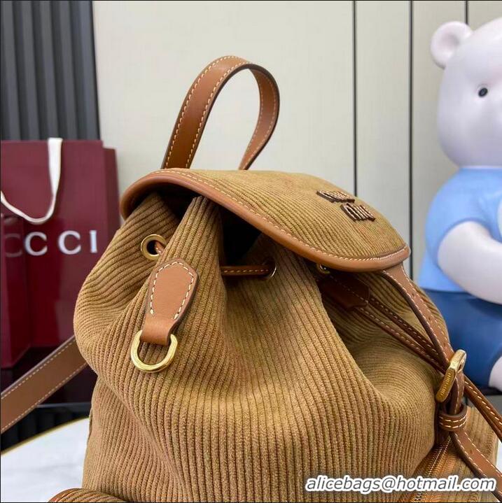 Best Grade Miu Miu Leather-trimmed Large Corduroy Cotton Backpack 5BZ043 Brown 2026