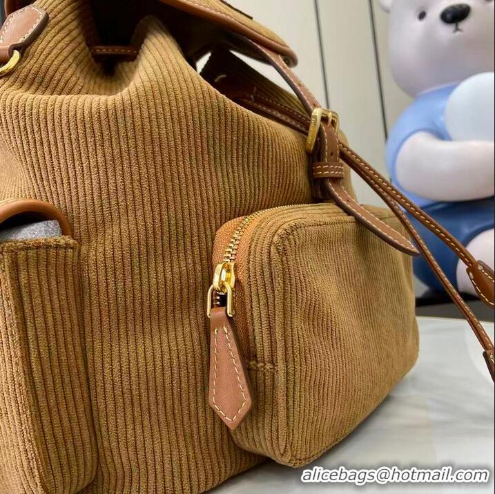 Best Grade Miu Miu Leather-trimmed Large Corduroy Cotton Backpack 5BZ043 Brown 2026