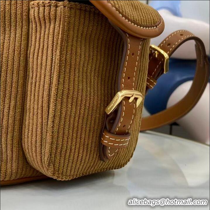 Best Grade Miu Miu Leather-trimmed Large Corduroy Cotton Backpack 5BZ043 Brown 2026