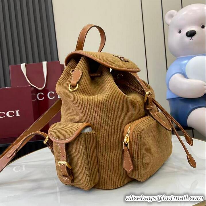Best Grade Miu Miu Leather-trimmed Large Corduroy Cotton Backpack 5BZ043 Brown 2026