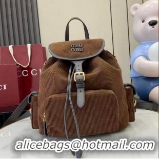 Promotional Miu Miu Leather-trimmed Large Corduroy Cotton Backpack 5BZ043 Dark Brown 2026