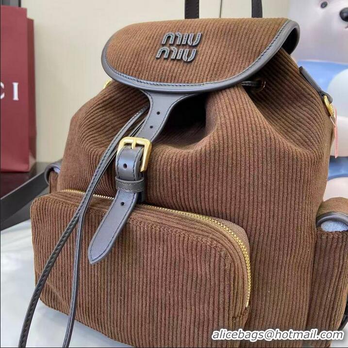 Promotional Miu Miu Leather-trimmed Large Corduroy Cotton Backpack 5BZ043 Dark Brown 2026