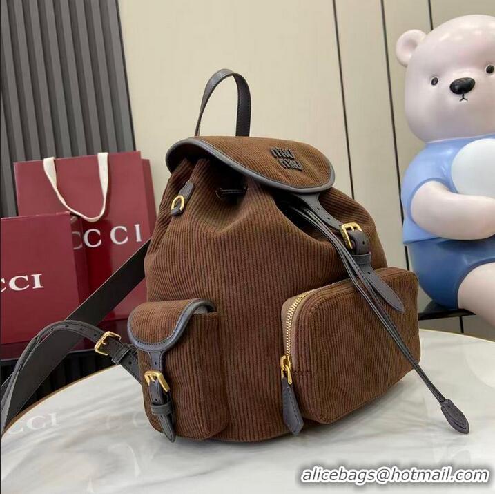 Promotional Miu Miu Leather-trimmed Large Corduroy Cotton Backpack 5BZ043 Dark Brown 2026