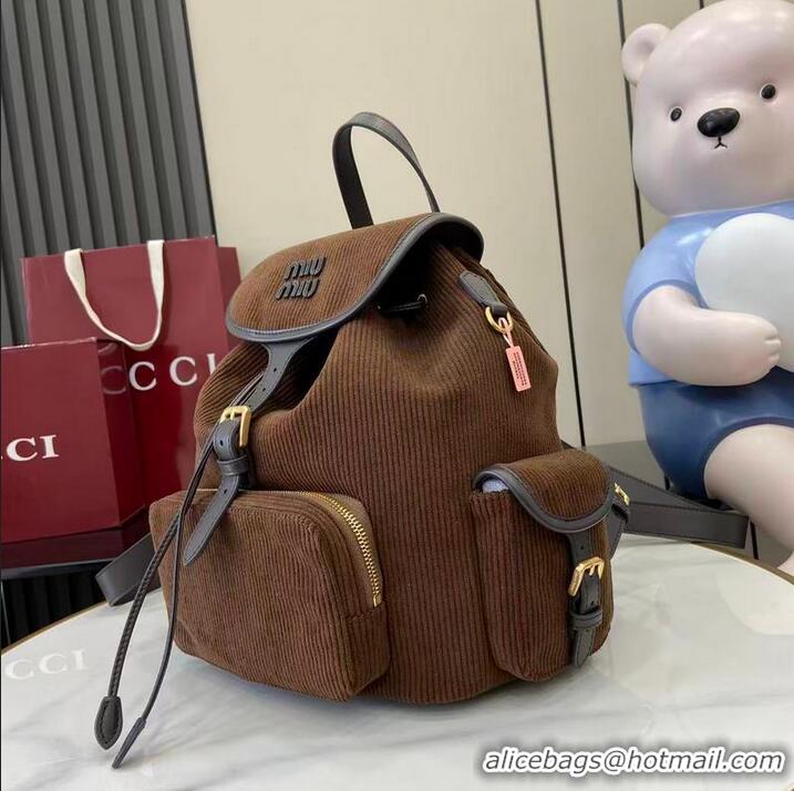 Promotional Miu Miu Leather-trimmed Large Corduroy Cotton Backpack 5BZ043 Dark Brown 2026