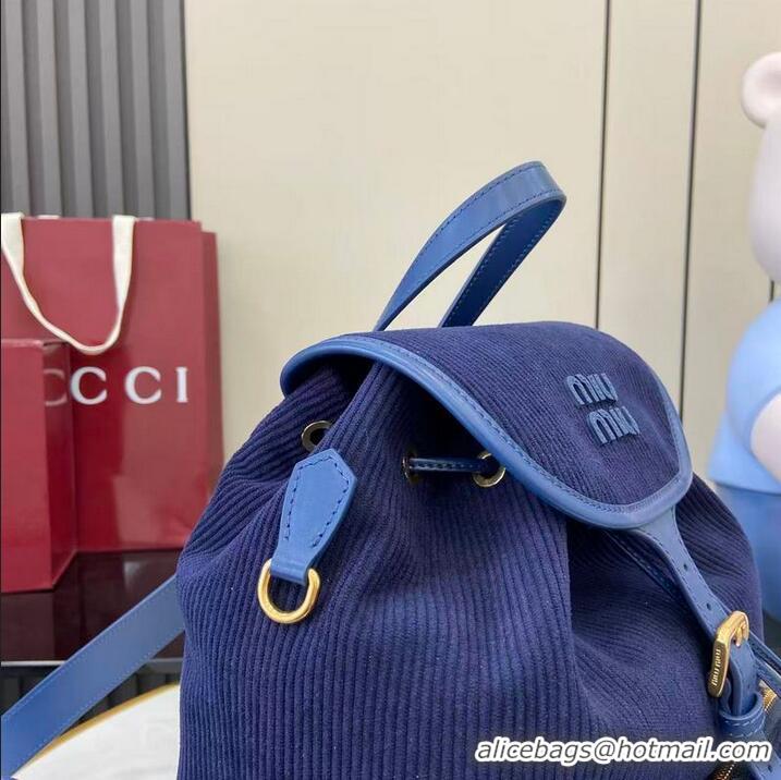 Trendy Design Miu Miu Leather-trimmed Large Corduroy Cotton Backpack 5BZ043 Dark Blue 2026