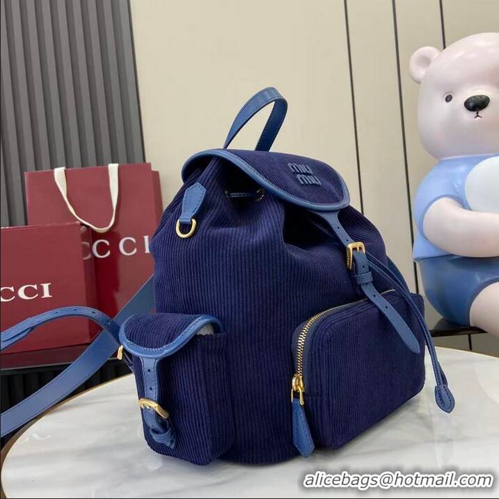 Trendy Design Miu Miu Leather-trimmed Large Corduroy Cotton Backpack 5BZ043 Dark Blue 2026