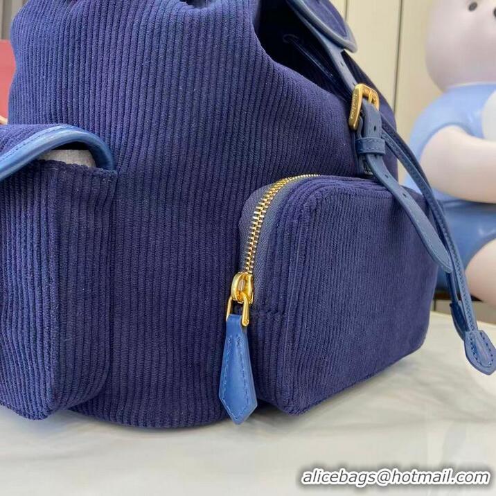 Trendy Design Miu Miu Leather-trimmed Large Corduroy Cotton Backpack 5BZ043 Dark Blue 2026