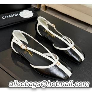 Original Cheap Chanel CC Logo Black Crocodile Embossed Leather T Strap Flat Shoes 6052204