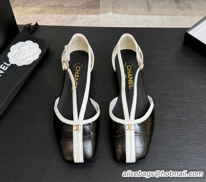 Original Cheap Chanel CC Logo Black Crocodile Embossed Leather T Strap Flat Shoes 6052204