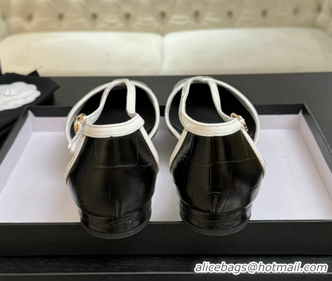 Original Cheap Chanel CC Logo Black Crocodile Embossed Leather T Strap Flat Shoes 6052204