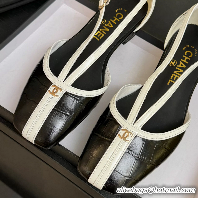 Original Cheap Chanel CC Logo Black Crocodile Embossed Leather T Strap Flat Shoes 6052204