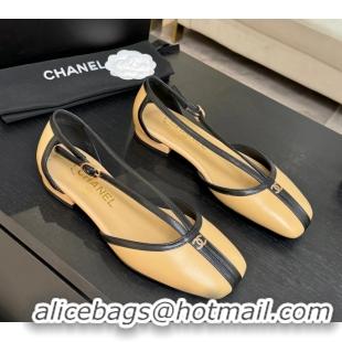 Trendy Design Chanel CC Logo Beige Calfskin Leather T Strap Flat Shoes 6052204