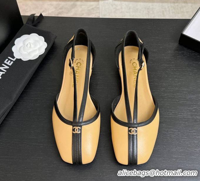 Trendy Design Chanel CC Logo Beige Calfskin Leather T Strap Flat Shoes 6052204
